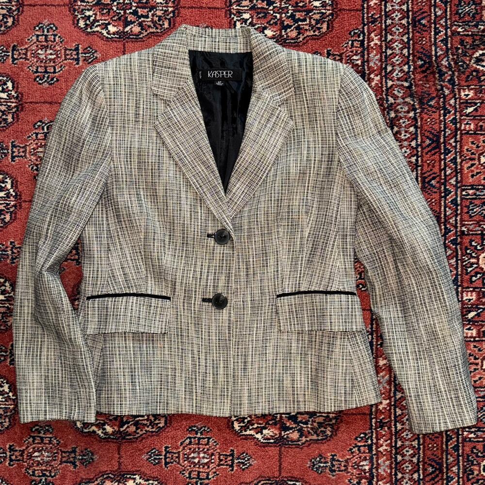 Kasper 6P Career Wear 2-Button Blazer in Black/Cream Crosshatch Pattern MINT